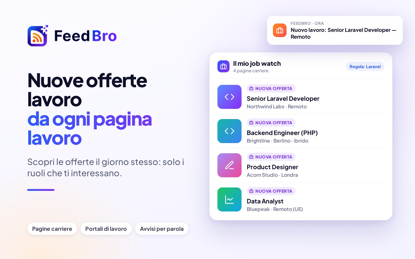 Ricevi notifiche sui nuovi lavori di qualsiasi pagina di offerte di lavoro