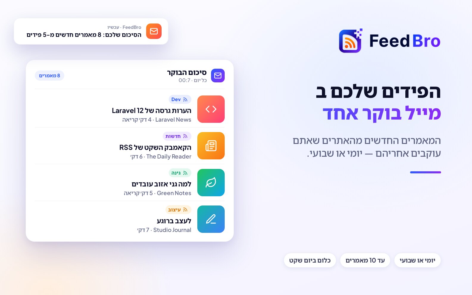 מייל אחד ביום במקום עשרים לשוניות: תקציר ה-RSS של FeedBro