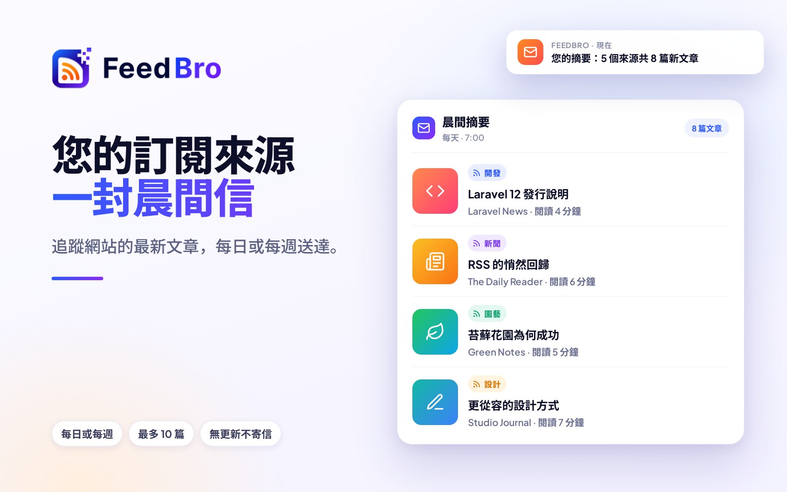 每天一封郵件，取代二十個分頁：FeedBro RSS 摘要