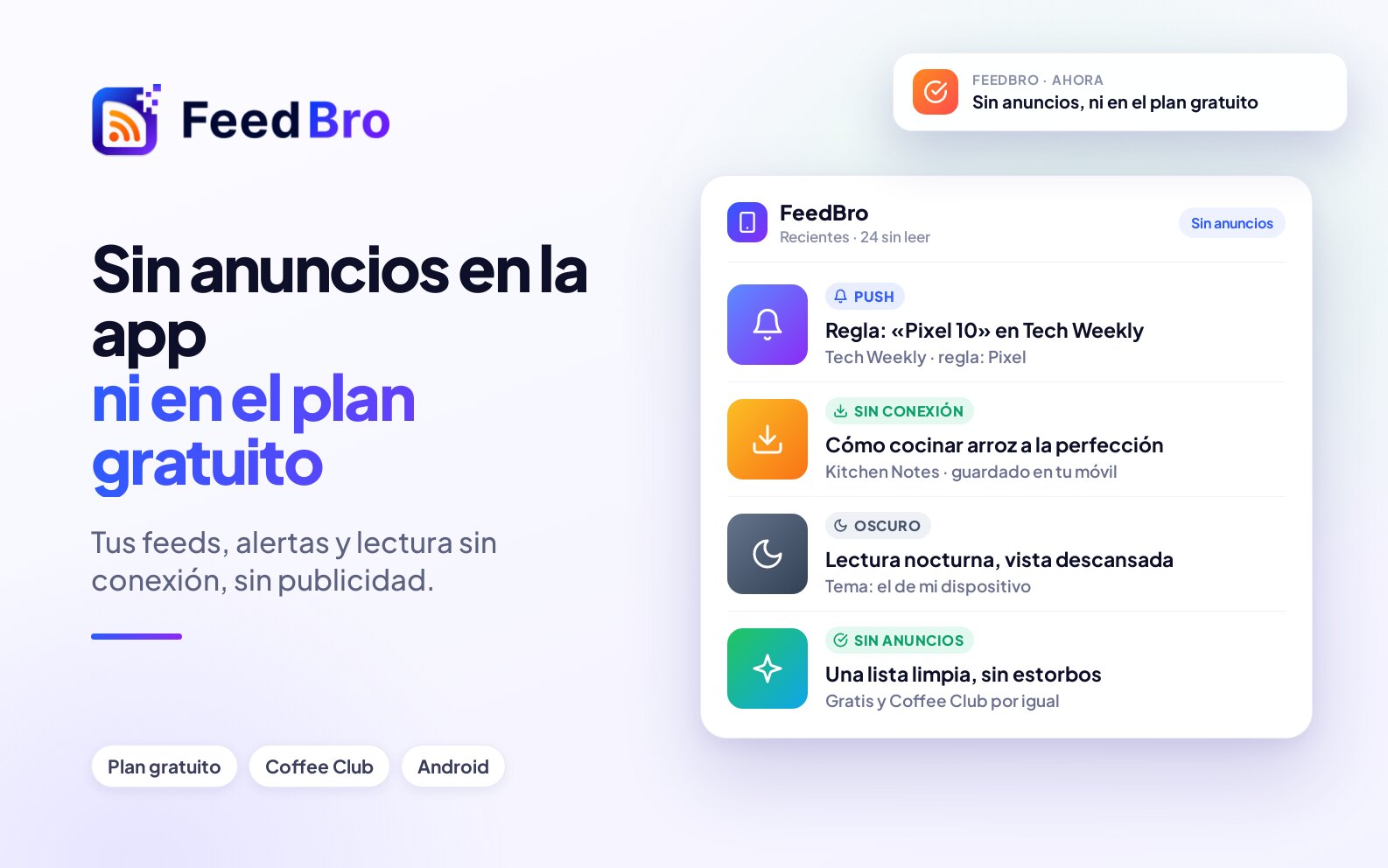 FeedBro para Android no tiene anuncios, ni siquiera en el plan Free