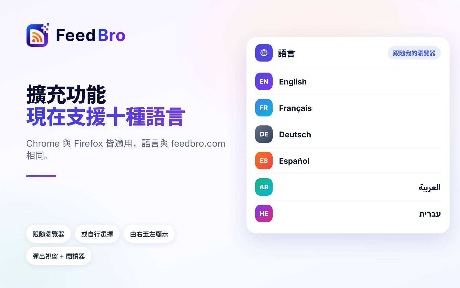 FeedBro 瀏覽器擴充功能現在支援十種語言