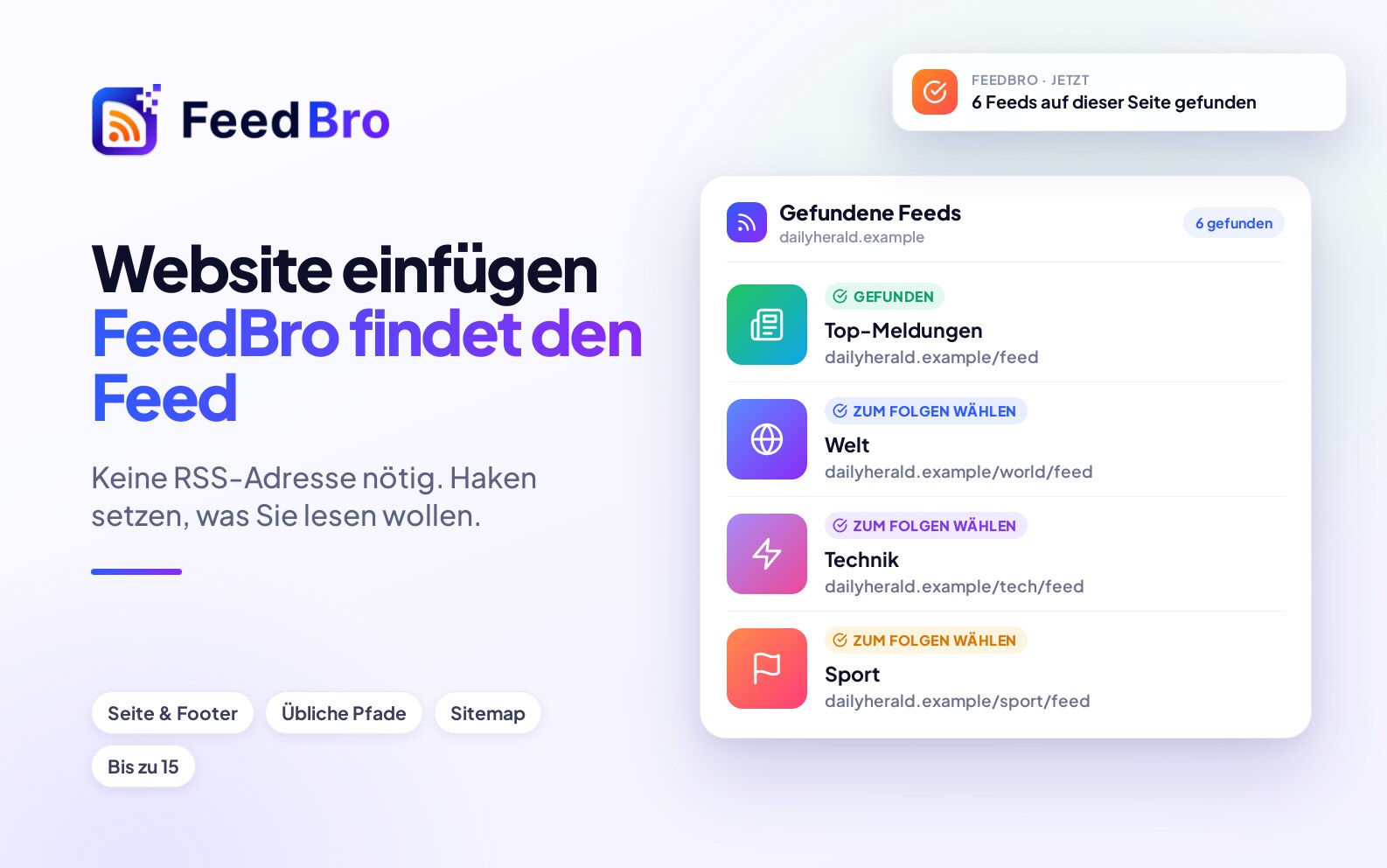 Website einfügen – FeedBro findet die Feeds
