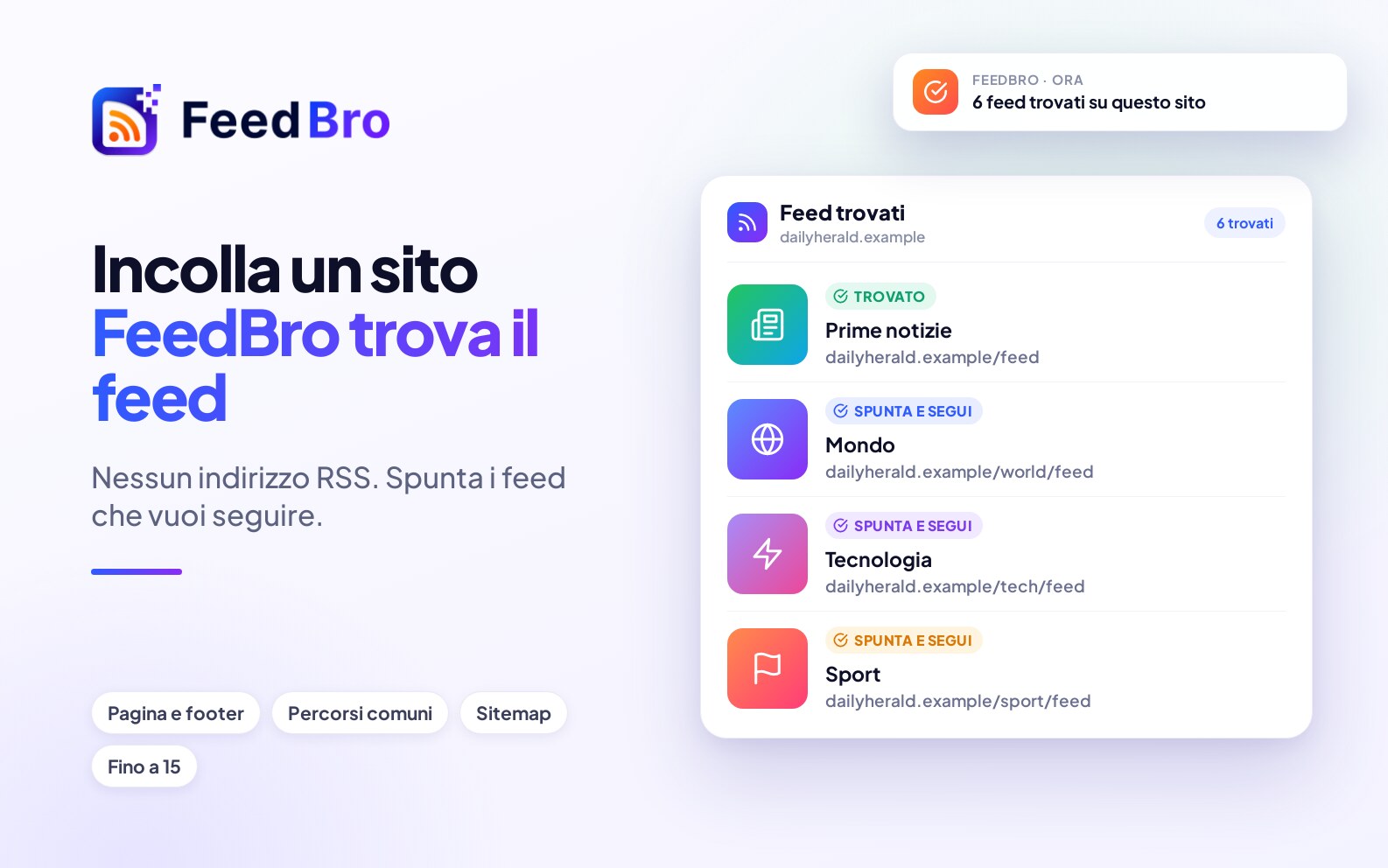 Incolla un sito e FeedBro ne trova i feed