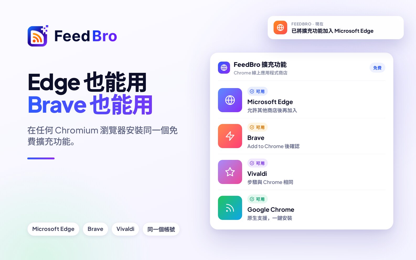 在 Edge、Brave 與其他 Chromium 瀏覽器使用 FeedBro