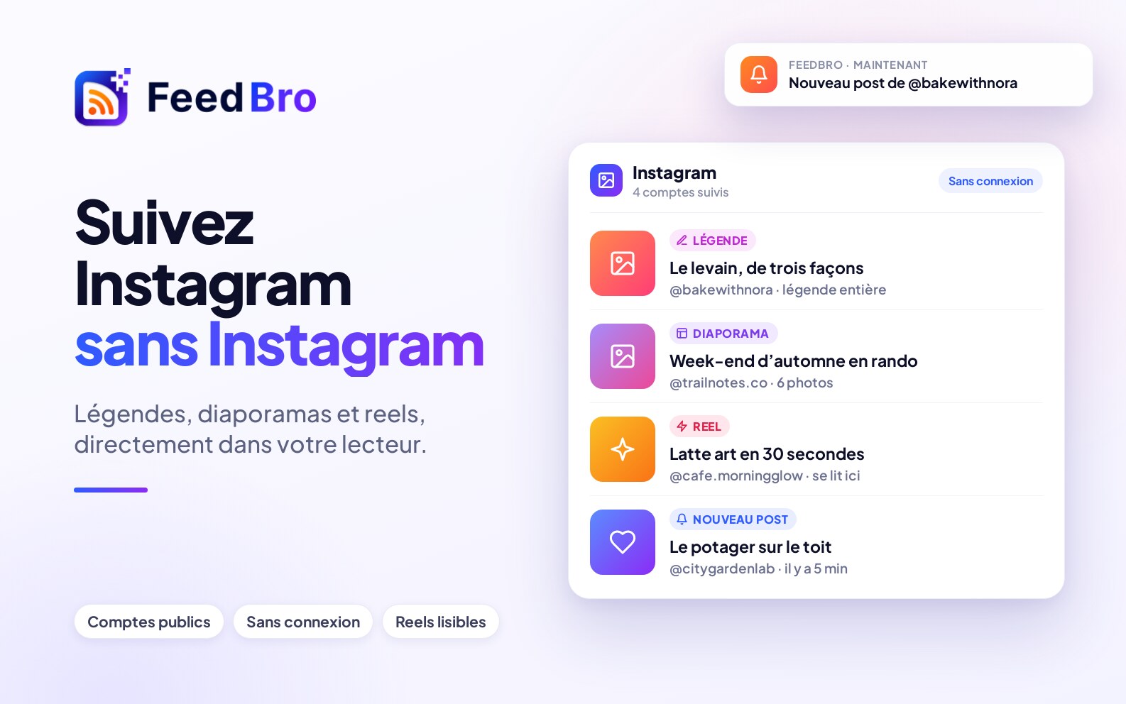 Suivre des comptes Instagram publics dans FeedBro