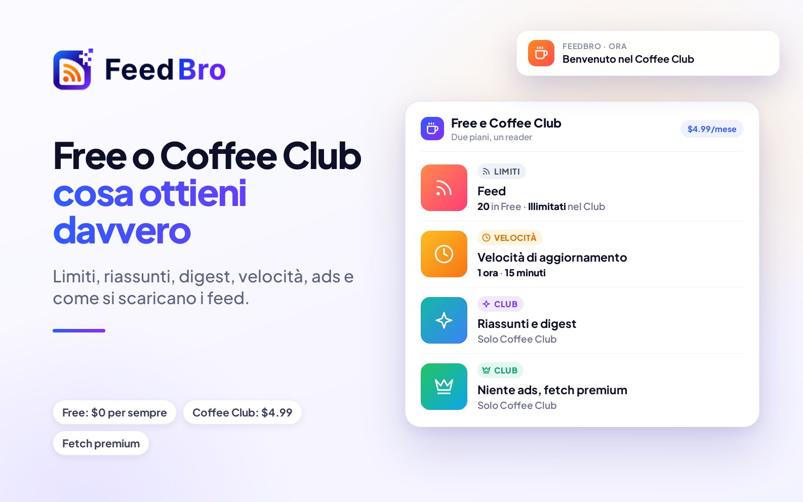 Free vs Coffee Club: cosa ottieni e come FeedBro recupera i tuoi feed