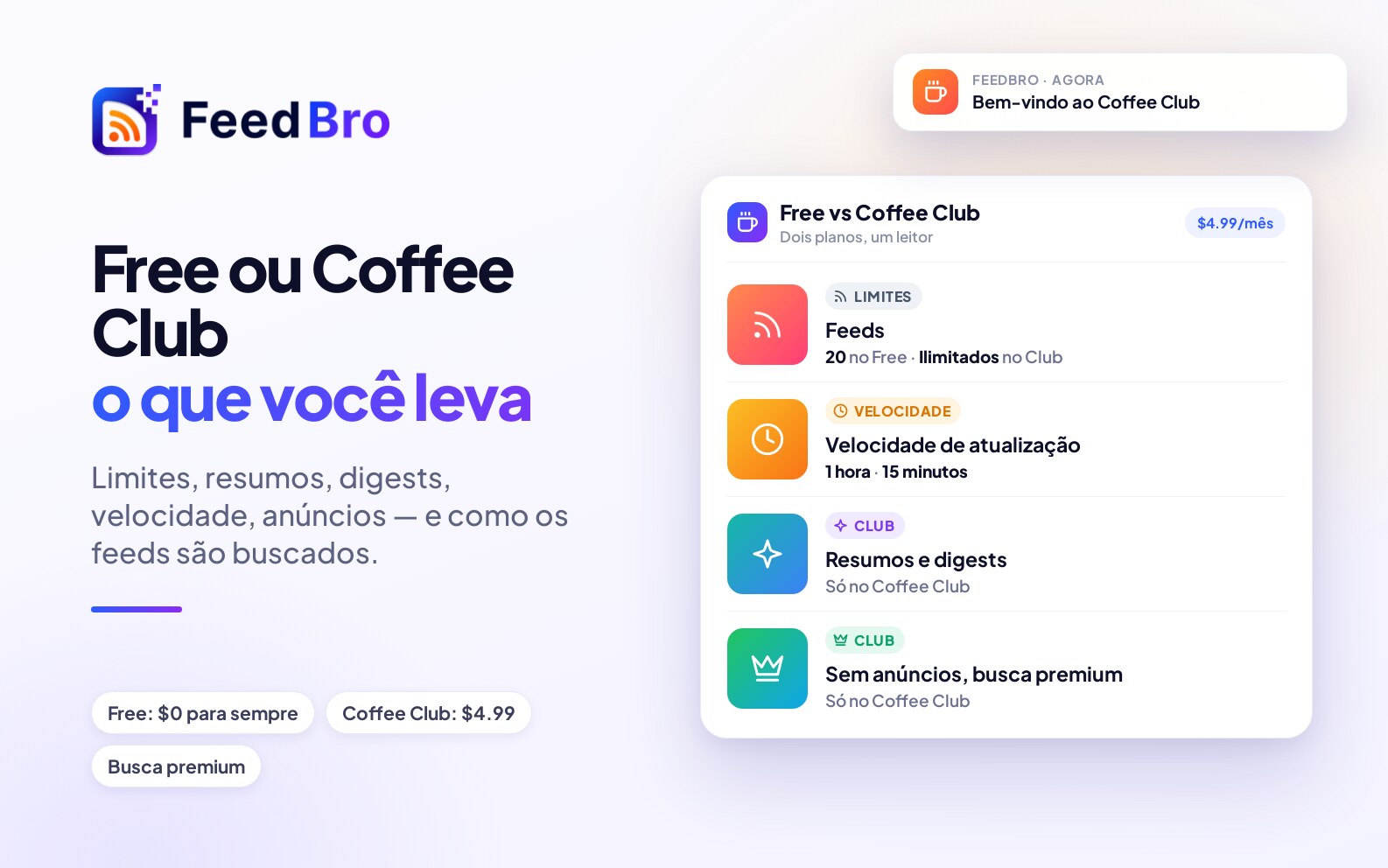 Free vs Coffee Club: o que você recebe e como o FeedBro busca seus feeds