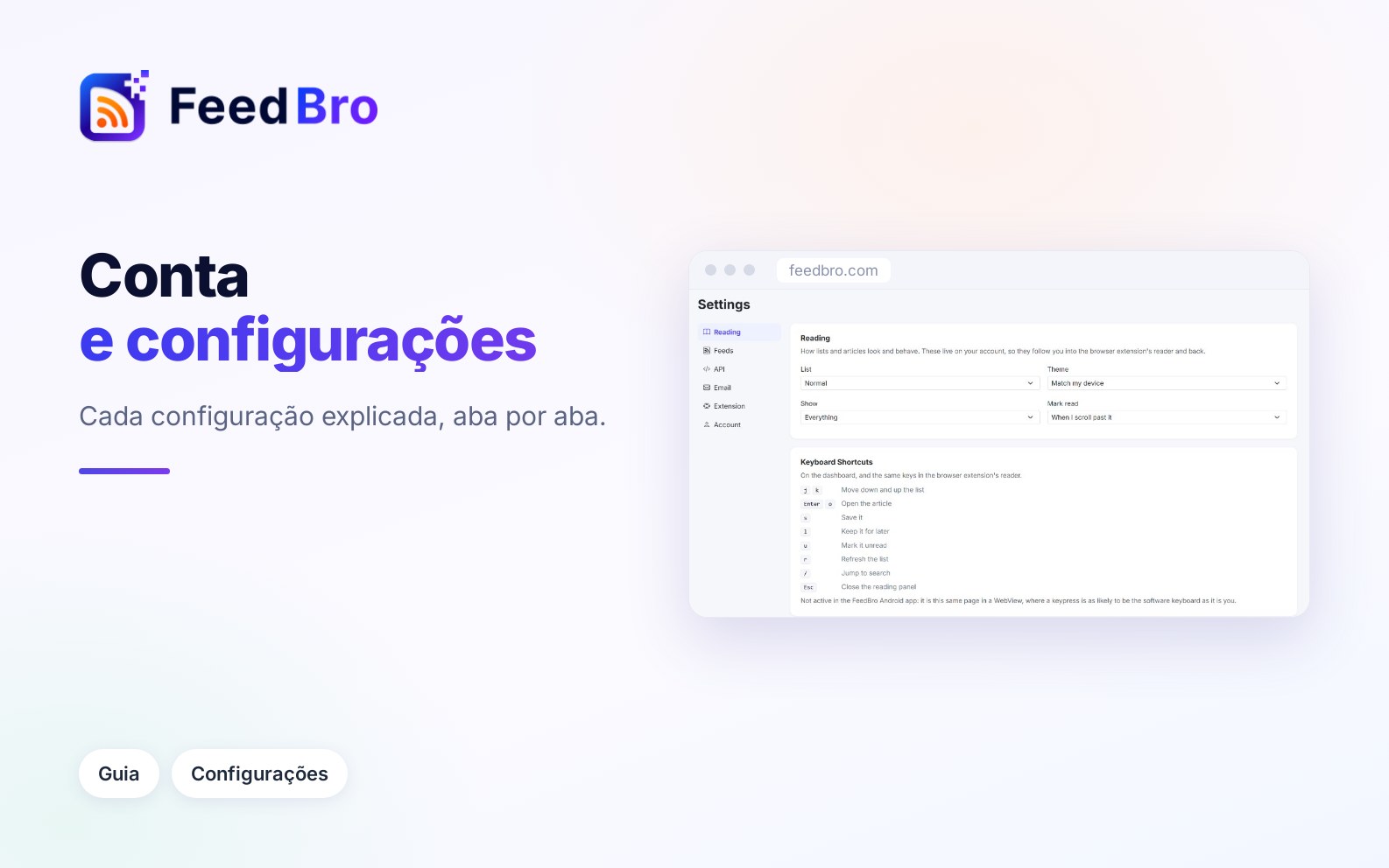 Sua conta e as configurações do FeedBro
