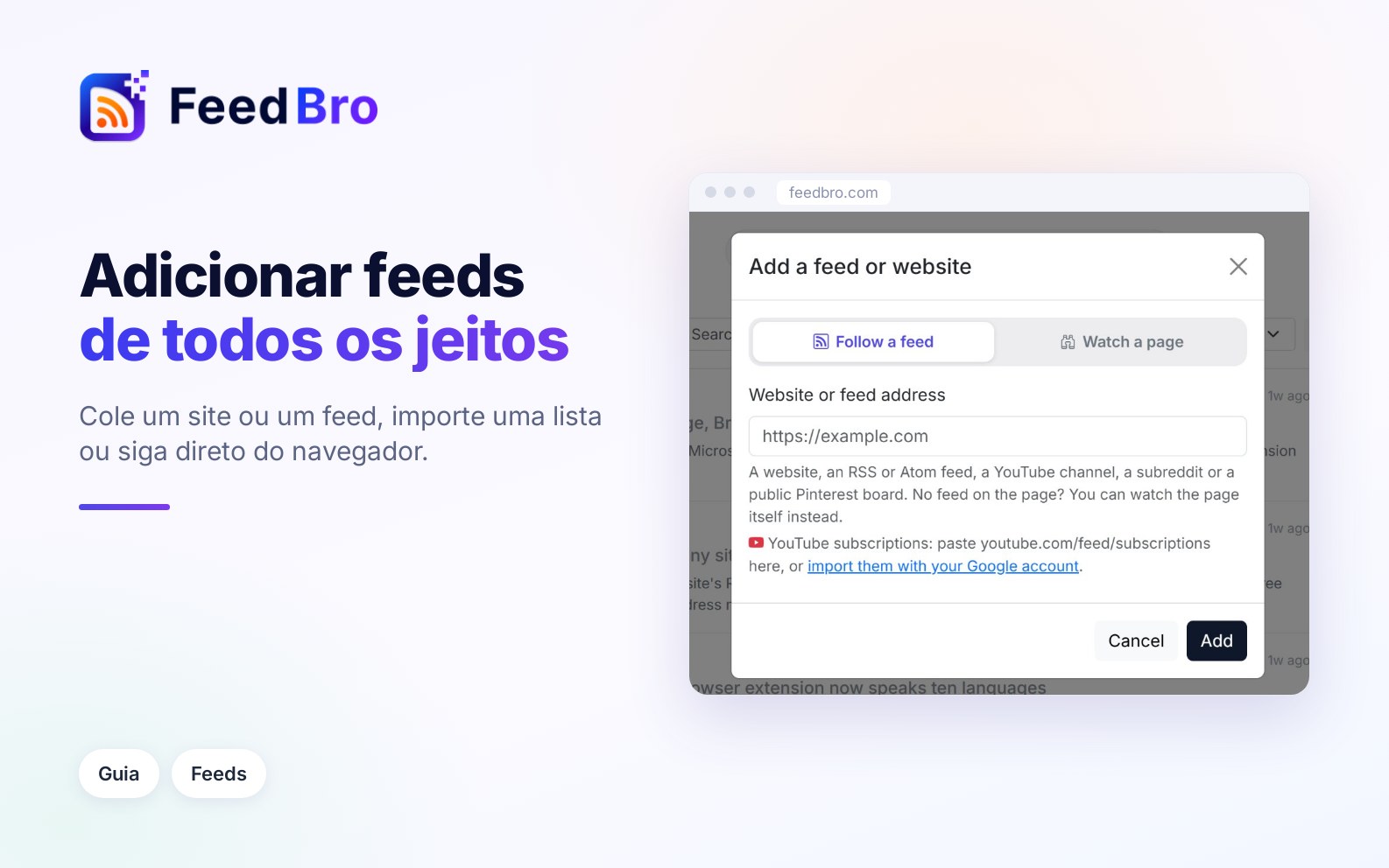 Como adicionar feeds ao FeedBro