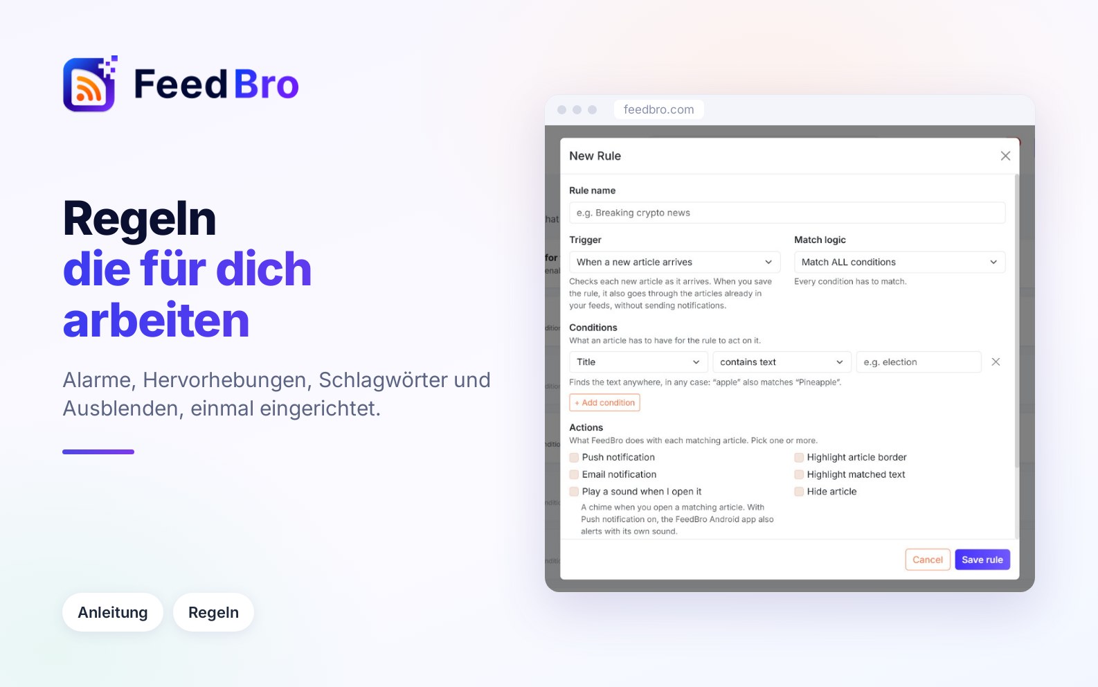 Regeln: Artikel automatisch ausblenden, markieren, hervorheben und melden