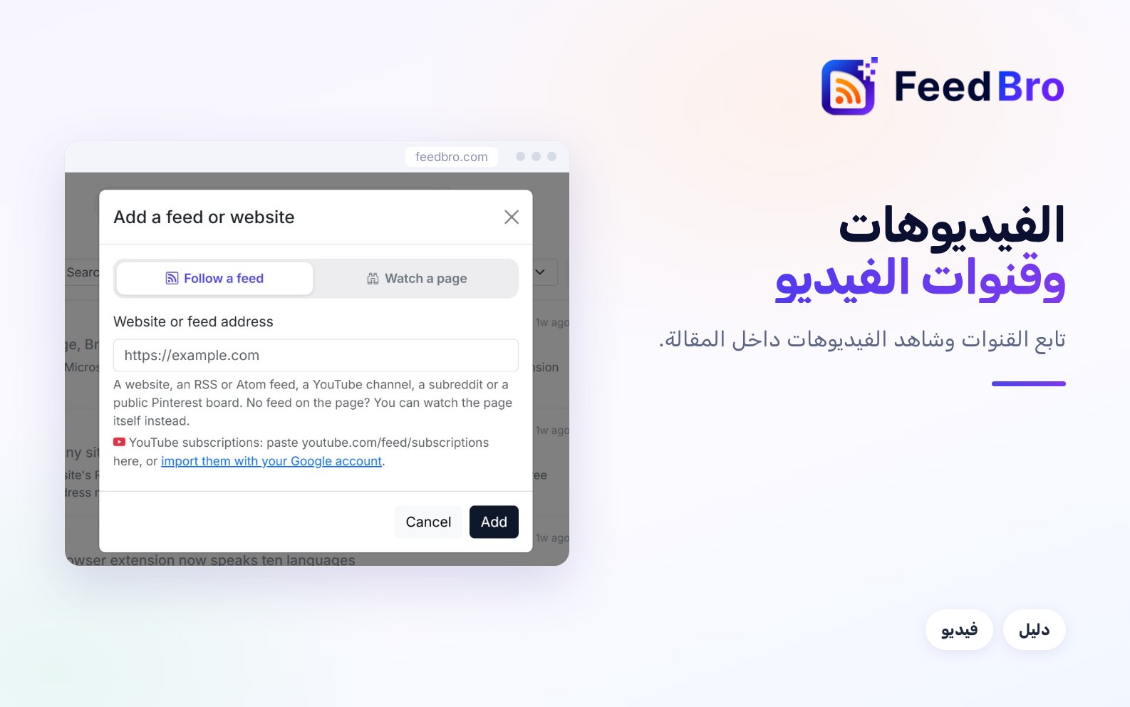 قنوات YouTube والفيديوهات في FeedBro