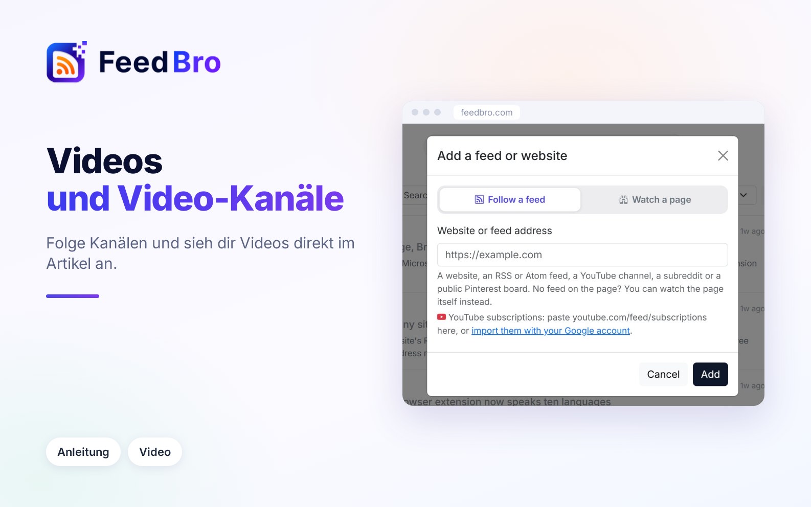 YouTube-Kanäle und Videos in FeedBro