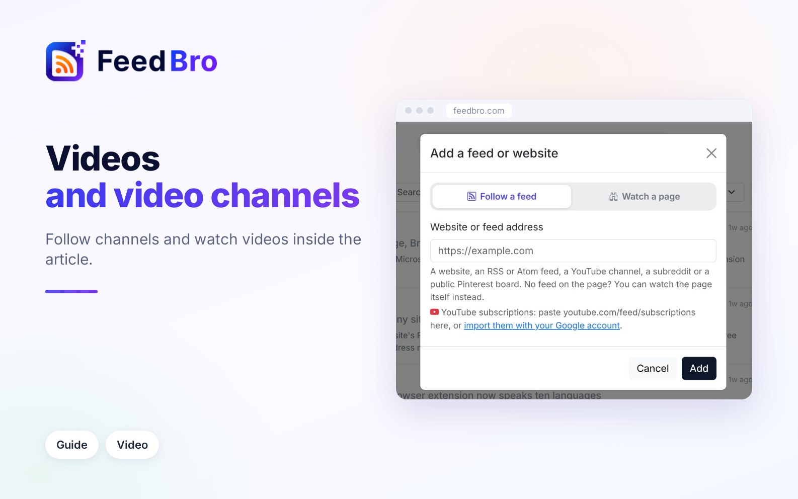 YouTube channels and videos in FeedBro