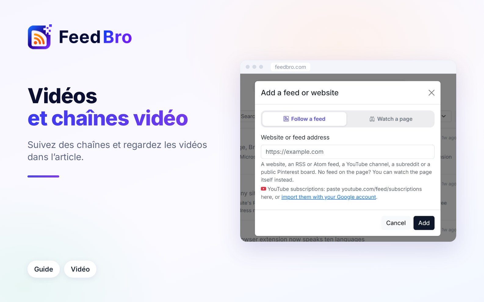 Vidéos et YouTube dans FeedBro