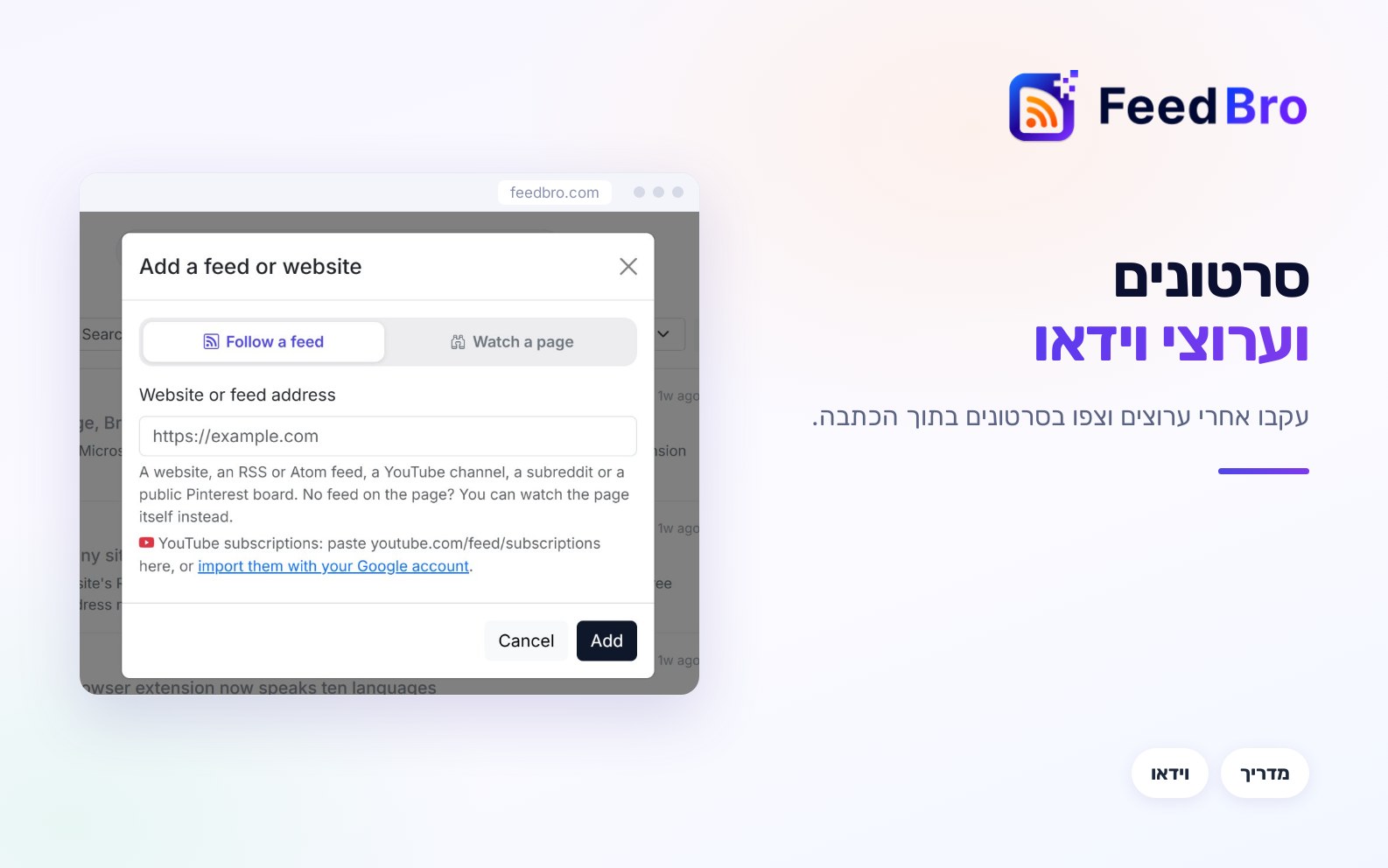 ערוצי YouTube וסרטונים ב-FeedBro