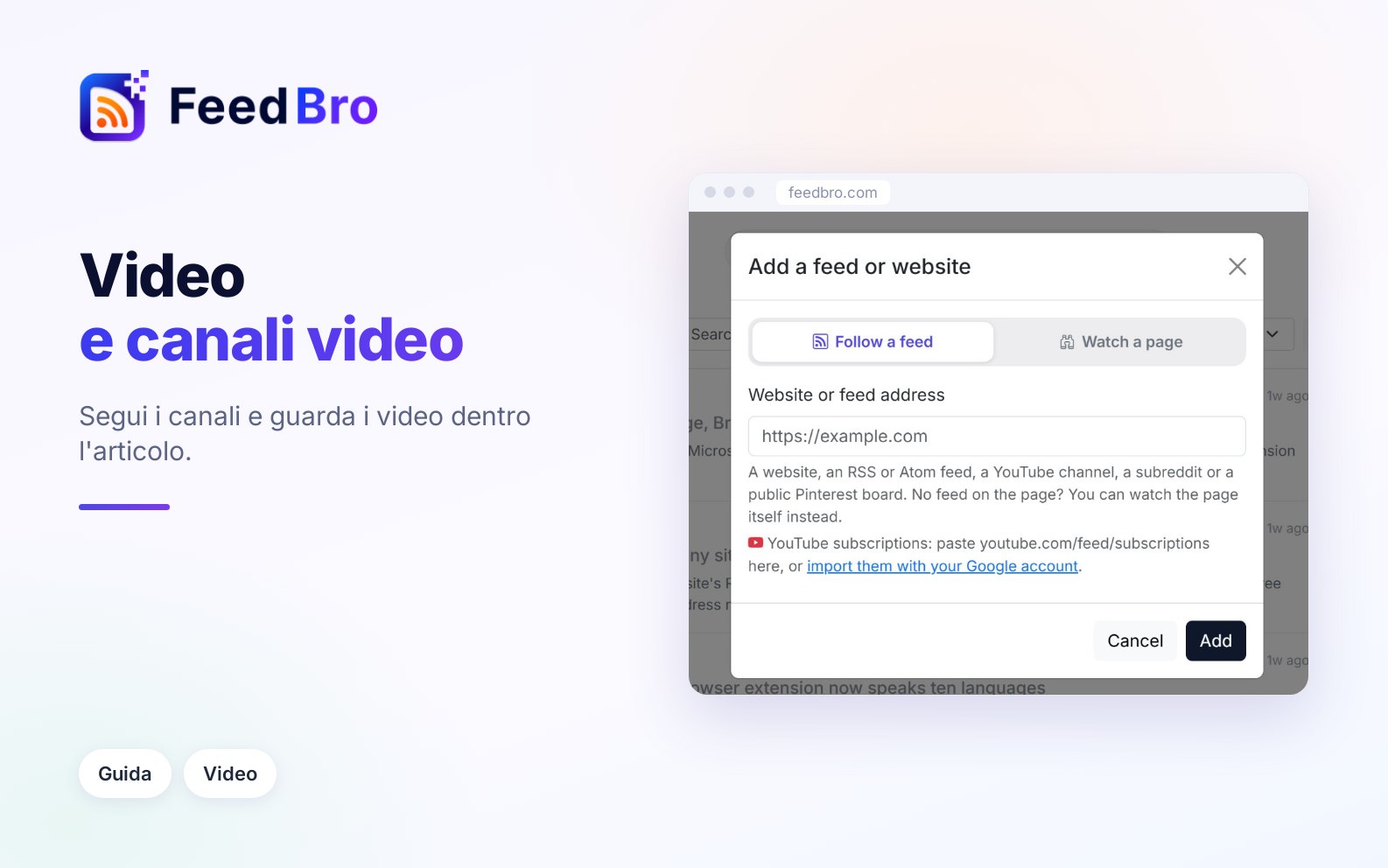 Canali e video di YouTube in FeedBro