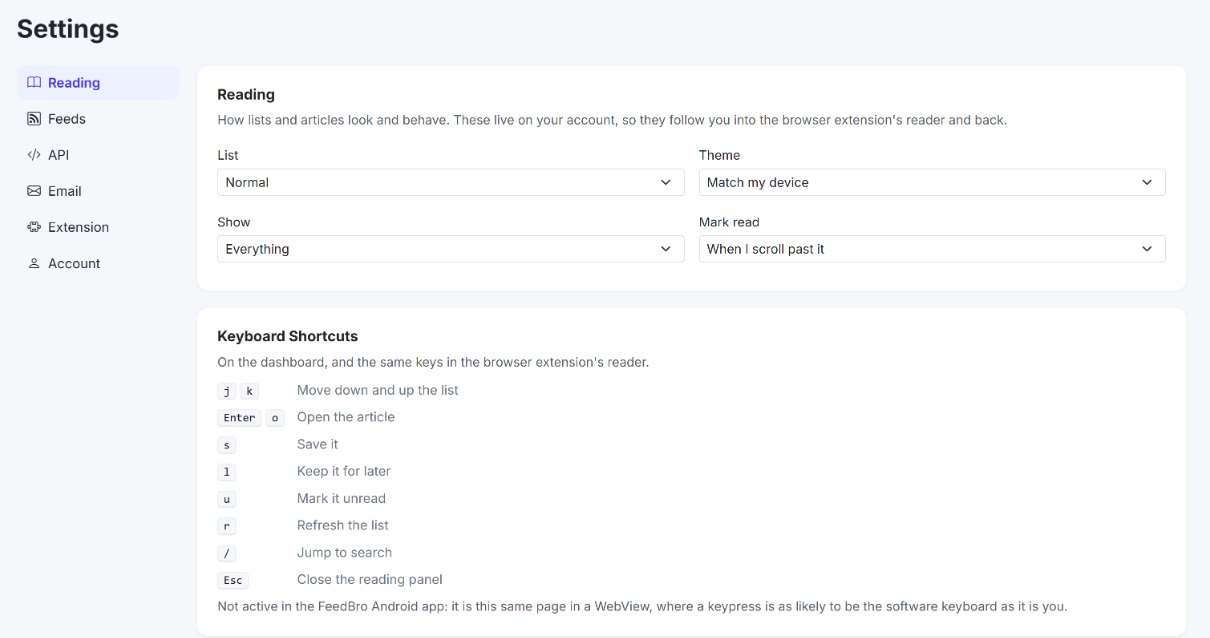 Settings, starting on the Reading tab. The other tabs are on the left: Feeds, API, Email, Extension and Account.