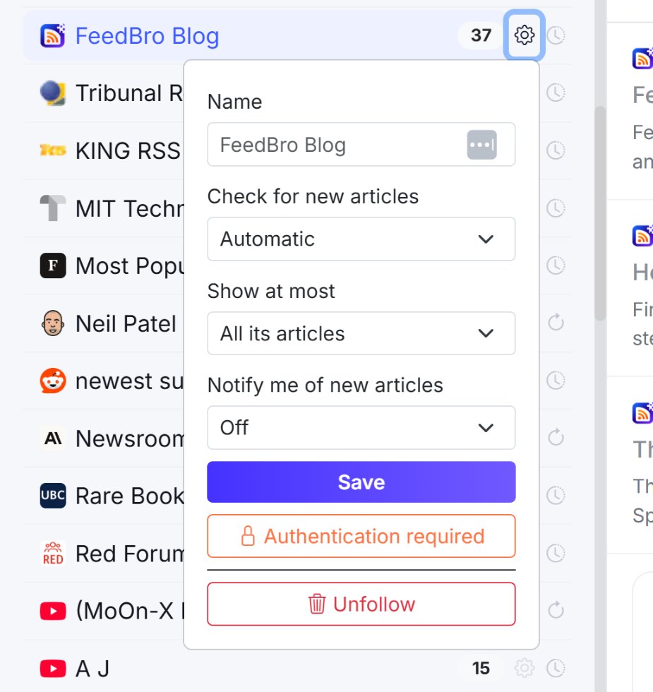A feed's settings, from the gear next to its name: rename it, choose how often it is checked, cap how many articles it shows and turn on alerts.