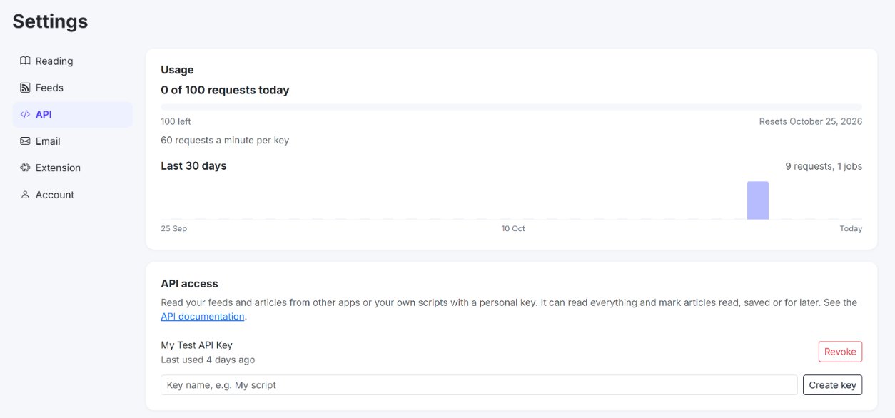 Settings, API tab: today's usage, your keys and the box to create a new one.