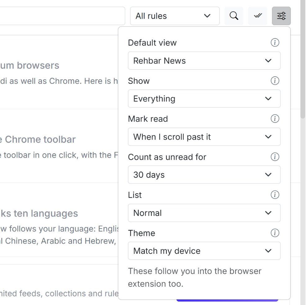 Reading preferences, from the sliders button above the list. Count as unread for sets how long articles stay unread.