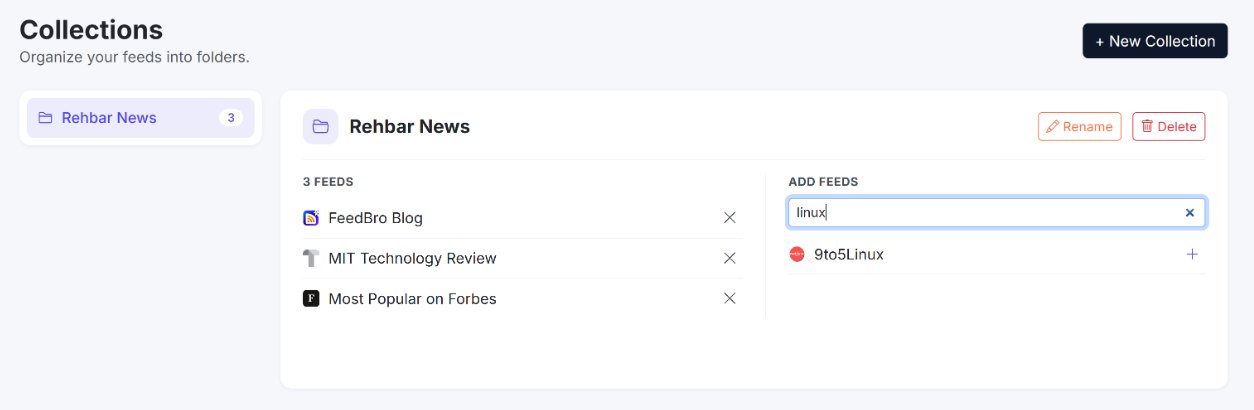 The Collections page: pick a collection on the left; on the right are its feeds and, next to them, Add feeds.
