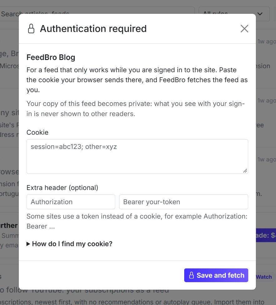 The Authentication required window, opened from the feed's settings.
