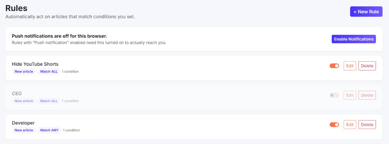 Your rules in Settings, each with a switch to pause it.