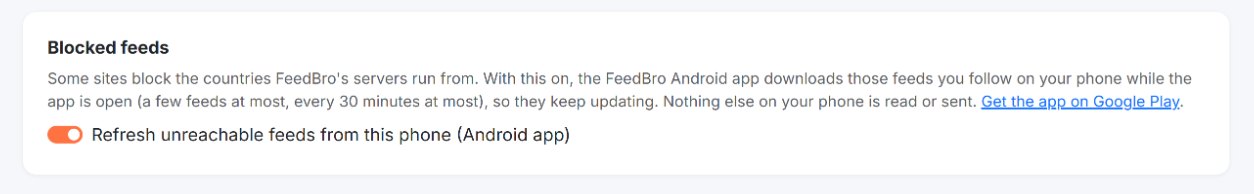 設定の［フィード］タブ。［ブロック中のフィード］のスイッチをオンにすると、FeedBroのサーバーをブロックしているフィードをスマートフォンから更新できます。