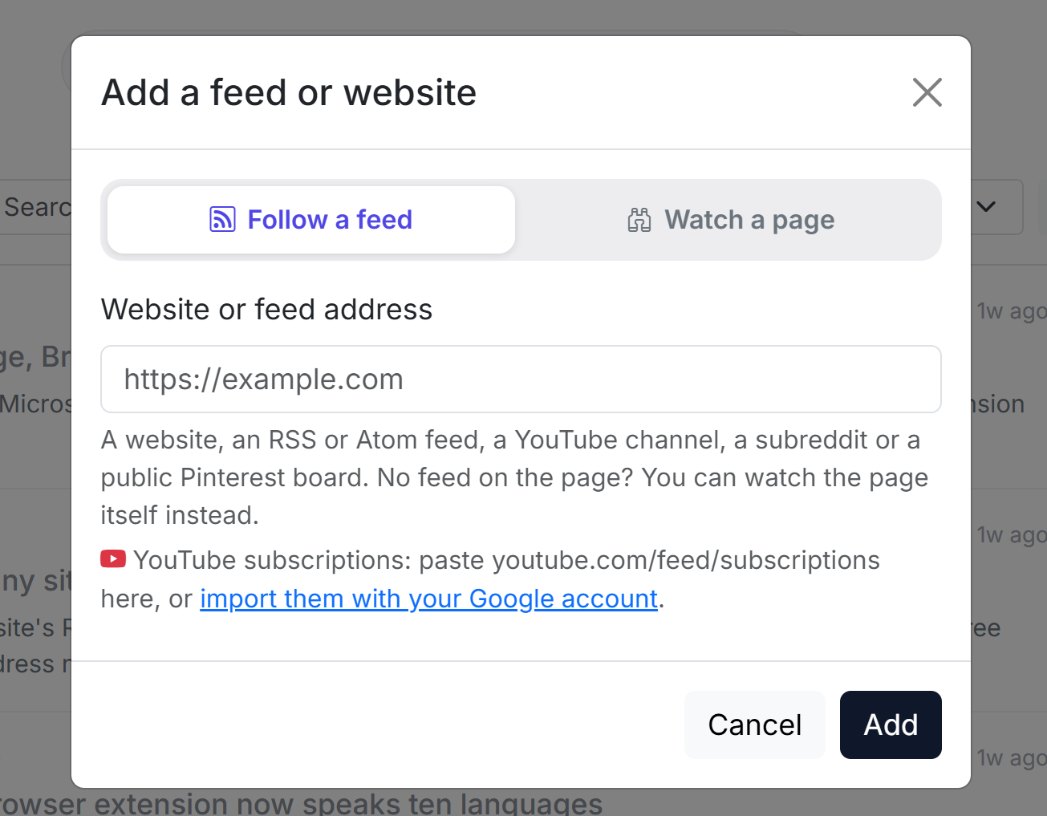The Add a feed or website window. Paste a channel's address, or import your subscriptions with your Google account.