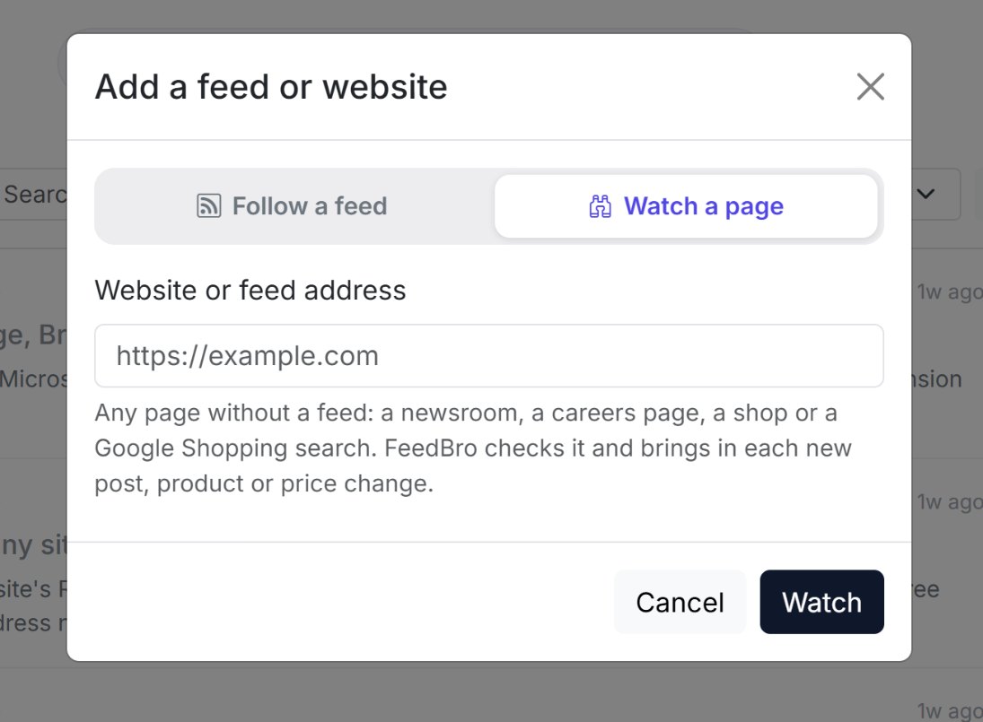 The Watch a page tab: paste a newsroom, careers page, shop or shopping search.