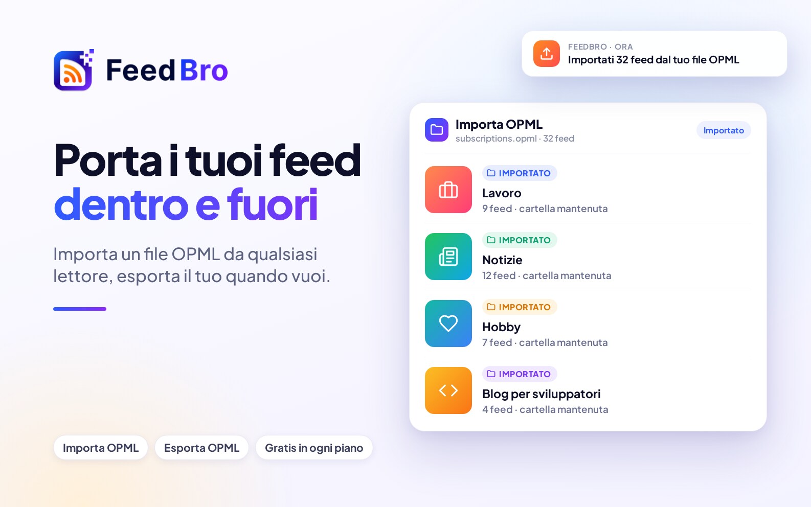 Importare ed esportare OPML: spostare i tuoi feed dentro e fuori da FeedBro