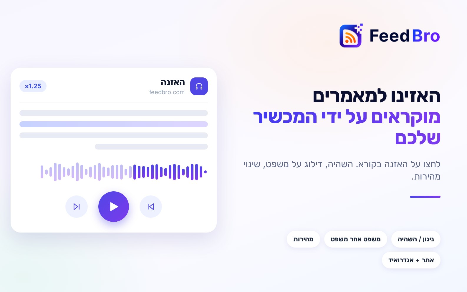 להאזין למאמרים: הקראה בקורא של FeedBro
