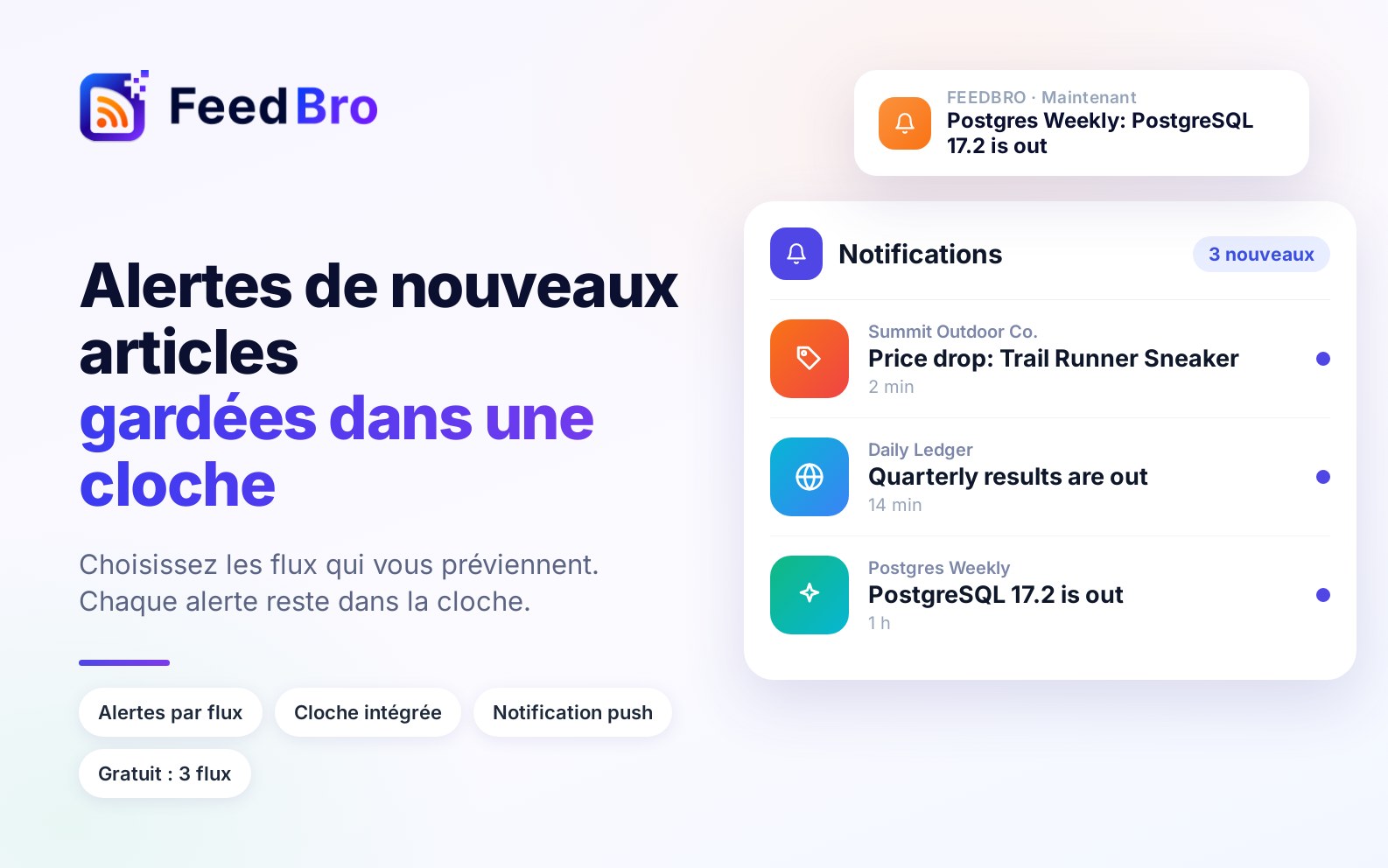 Soyez prévenu quand vos sites favoris publient : alertes de nouveaux articles et cloche