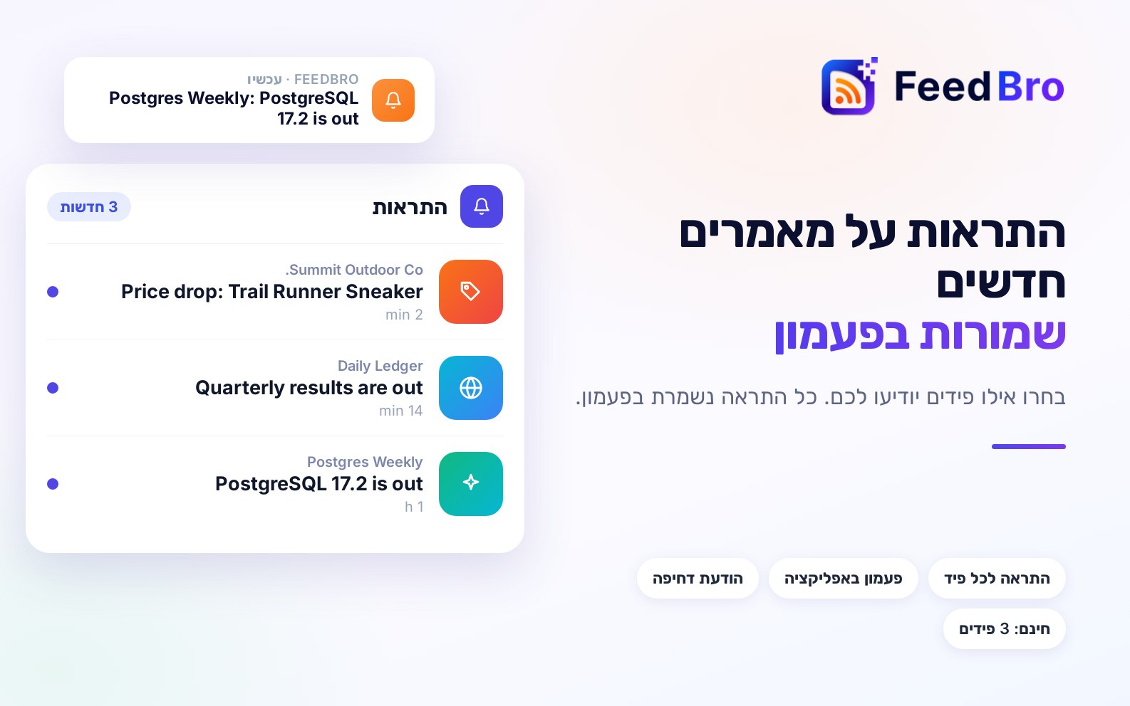 קבלו התראה כשהאתרים האהובים עליכם מפרסמים: התראות על מאמרים חדשים והפעמון