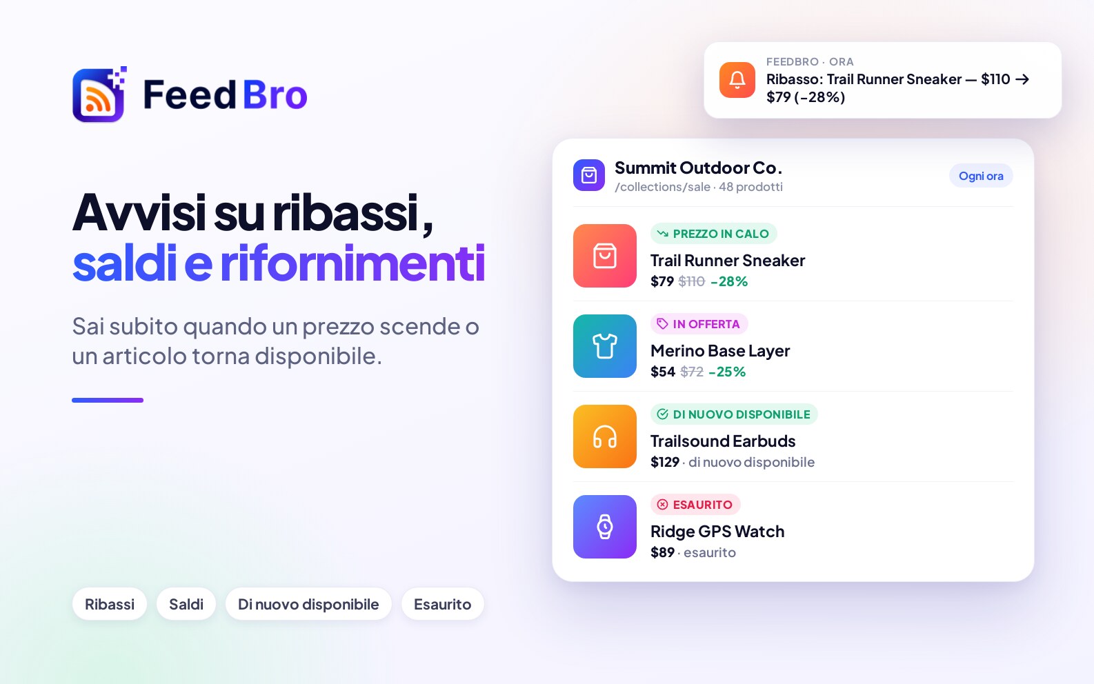 Avvisi su ribassi, ritorni disponibili e saldi: cosa traccia FeedBro