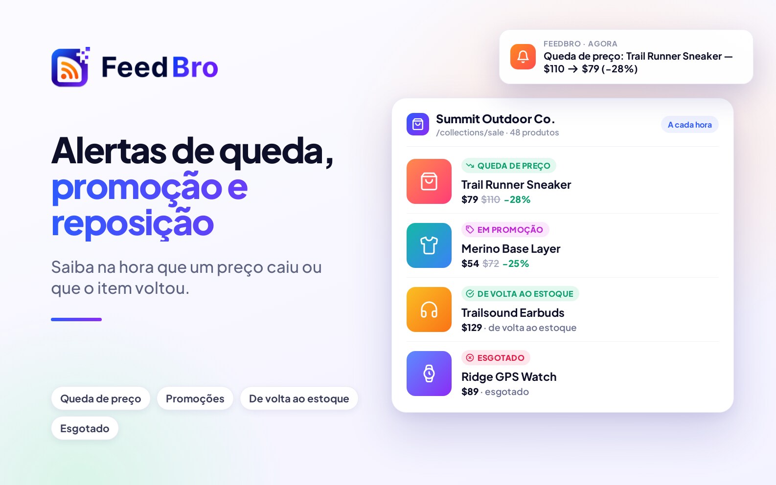 Alertas de queda de preço, reposição e promoção: o que o FeedBro acompanha