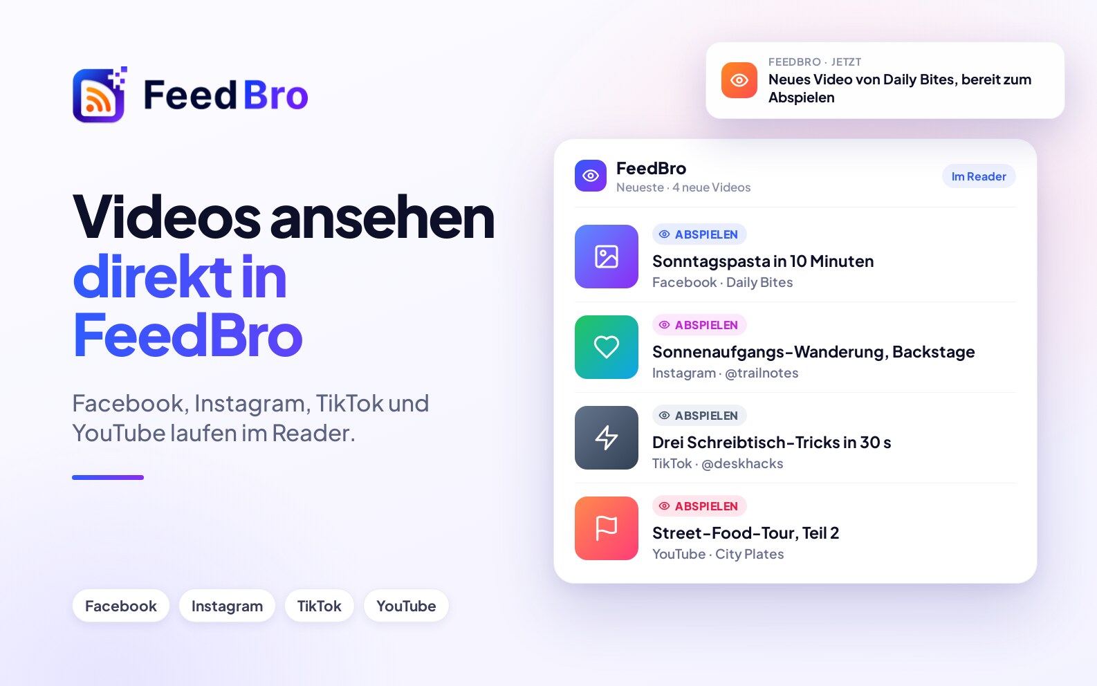 Facebook-, Instagram- und TikTok-Videos direkt in FeedBro ansehen