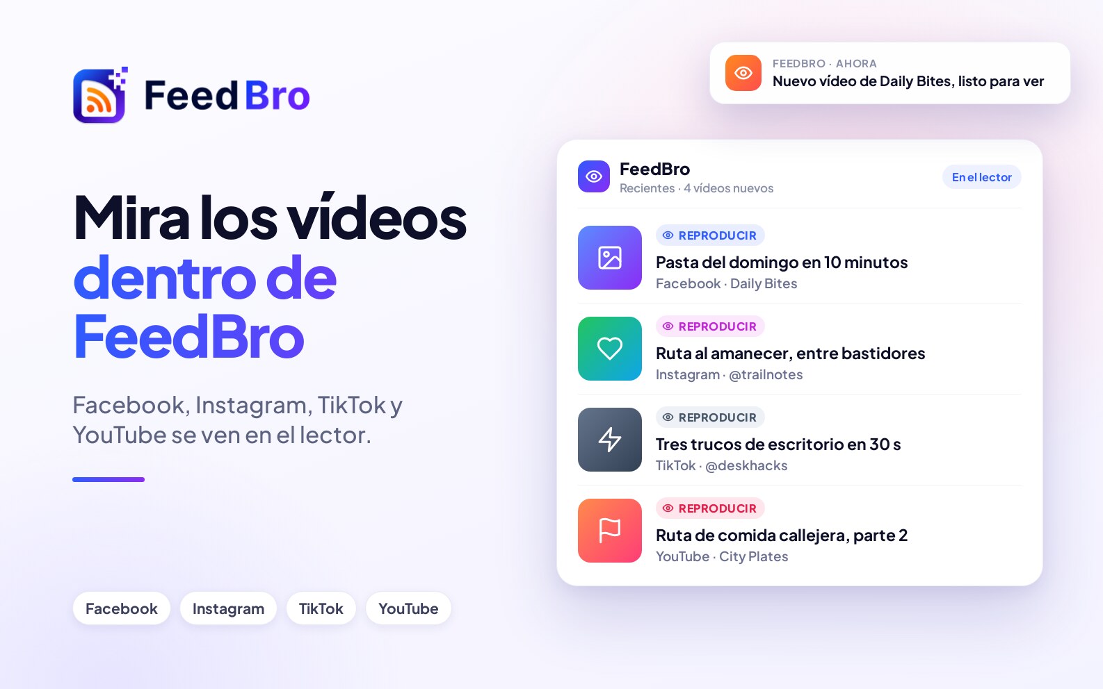 Mira vídeos de Facebook, Instagram y TikTok dentro de FeedBro