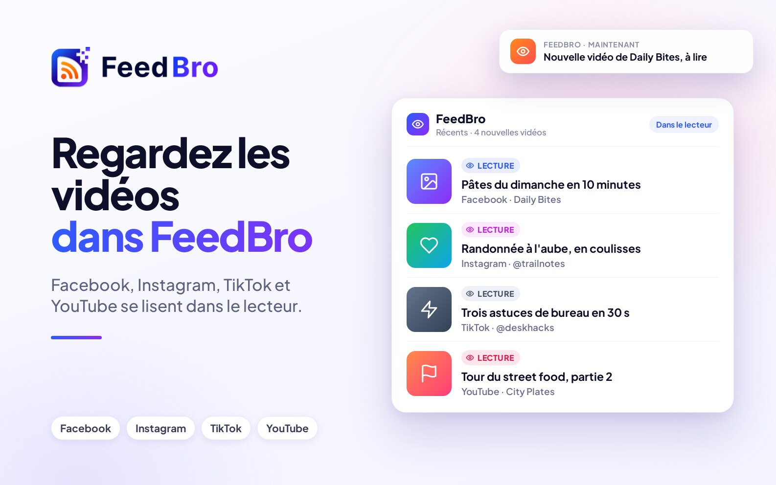 Regardez les vidéos Facebook, Instagram et TikTok dans FeedBro