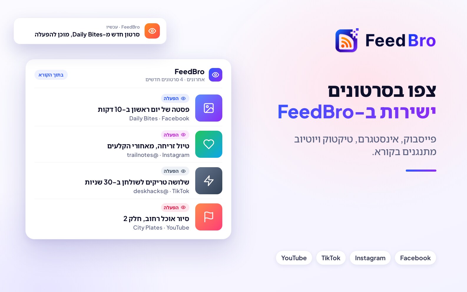 צפו בסרטוני פייסבוק, אינסטגרם וטיקטוק ישירות ב-FeedBro