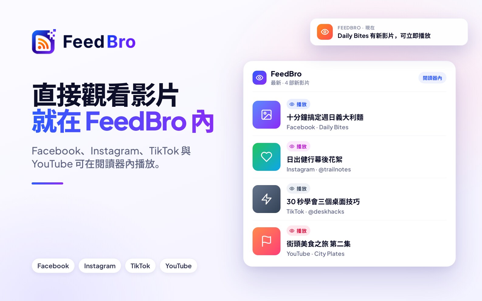 在 FeedBro 裡直接觀看 Facebook、Instagram 與 TikTok 影片